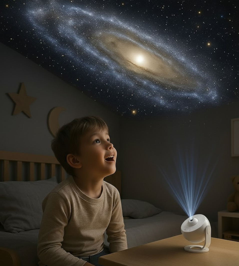 Galaxy-projektor i bruk – projeksjon av stjerner og tåker i taket