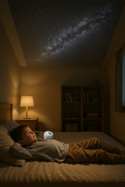 Barnerom med projeksjon av galakselys på vegger og tak